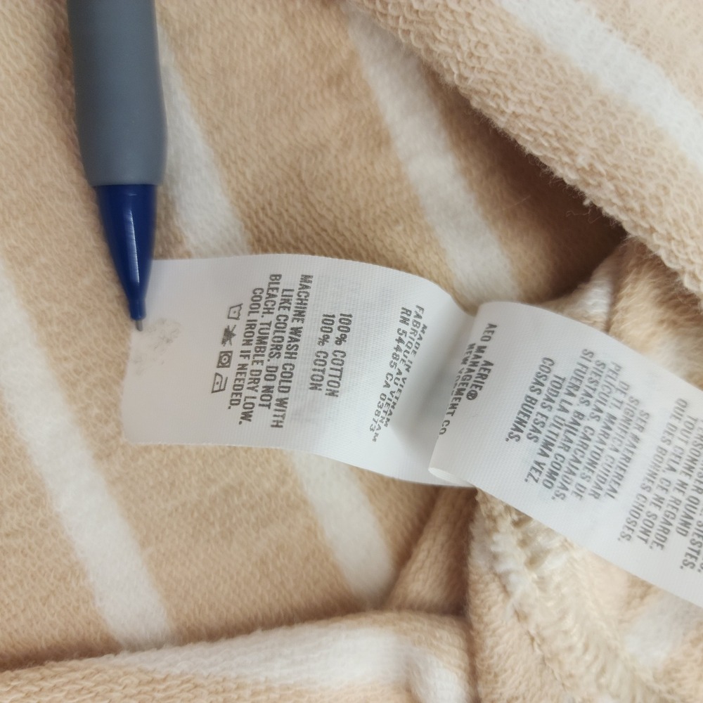 Aerie Large | Tan White Striped Henley Pullover Sweatshirt Coastal Grandma - Picture 4 of 5